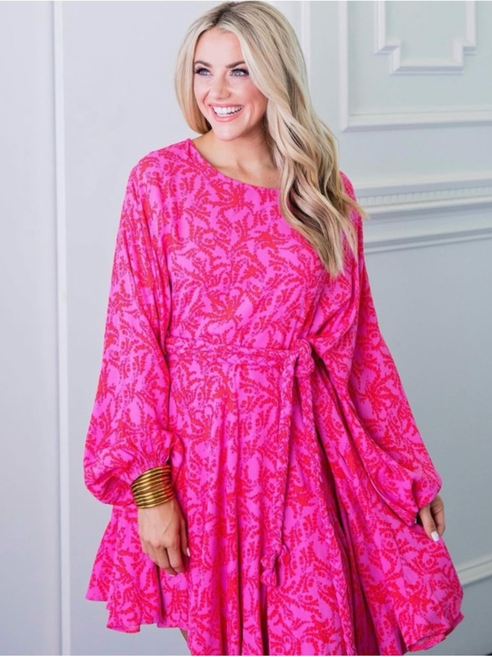 Karlie Hot Pink Printed Tie-Waist Long Sleeve Dress